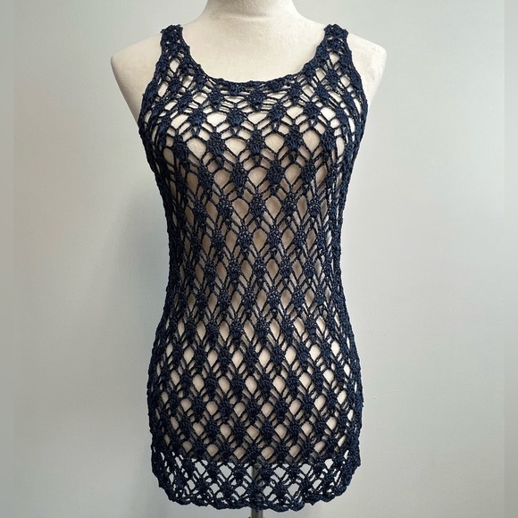 Navy Blue Heavy Knit Nylon Crochet Top Women’s Size Small Crochet Coverup - Picture 1 of 10